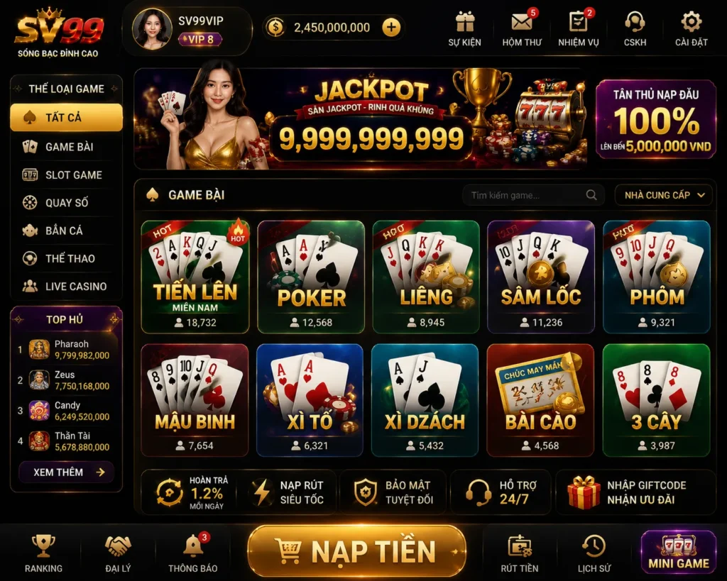 Giao diện Game Bài SV99 – Trải nghiệm trực tuyến chuyên nghiệp và đa dạng trò chơi