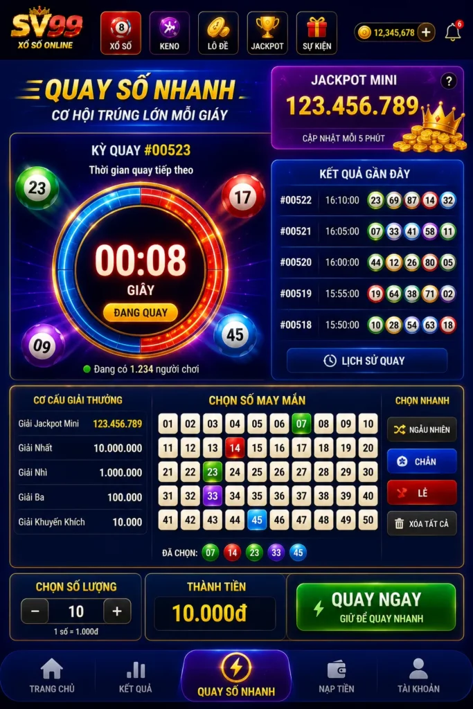 Keno online có tốc độ quay thưởng nhanh và phù hợp với người thích trải nghiệm liên tục.