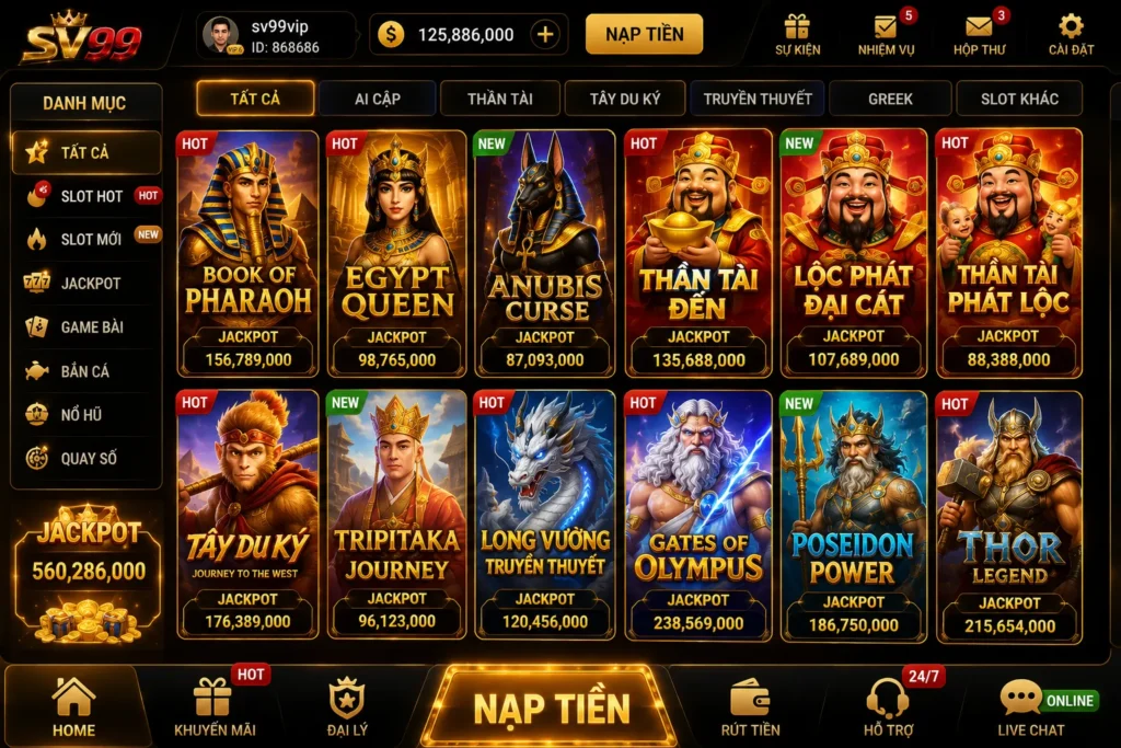 Kho game Slots SV99 đa dạng với nhiều chủ đề quay hũ nổi bật