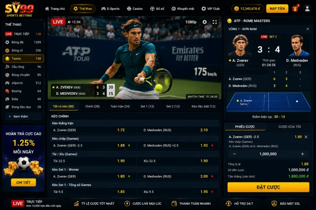 Người chơi dễ dàng theo dõi và cược tennis trực tiếp tại SV99