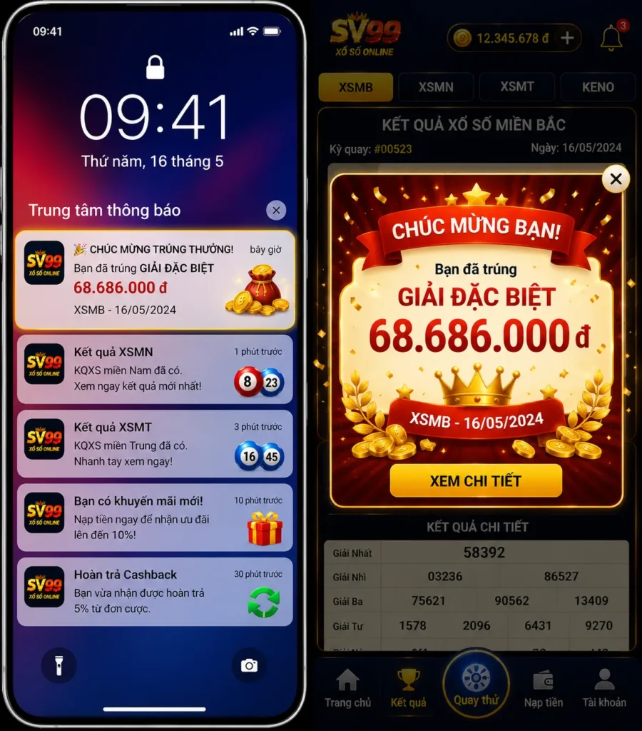 Hệ thống thông báo giúp người chơi không bỏ lỡ kết quả quay thưởng.