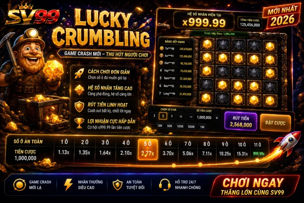 Lucky Crumbling là một trong những tựa game crash mới đang nhận được nhiều sự chú ý nhờ phong cách thiết kế sáng tạo và cách thể hiện hệ số nhân trực quan.