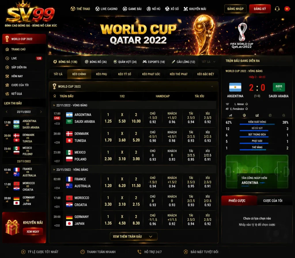 SV99 cập nhật tỷ lệ kèo World Cup mới nhất cùng các trận cầu tâm điểm mỗi ngày.