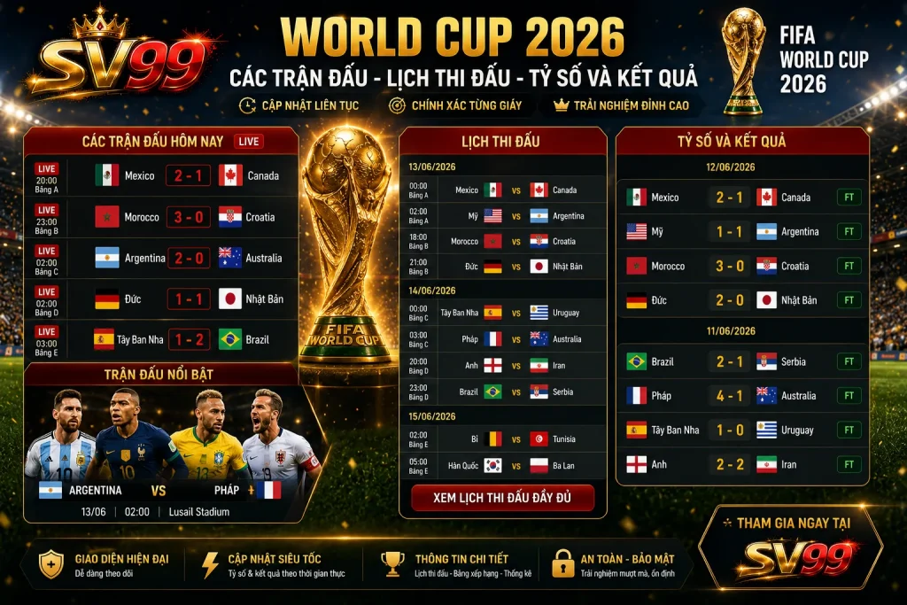SV99 cung cấp đầy đủ lịch thi đấu, kết quả và tỷ số World Cup 2026 theo thời gian thực trên mọi thiết bị.